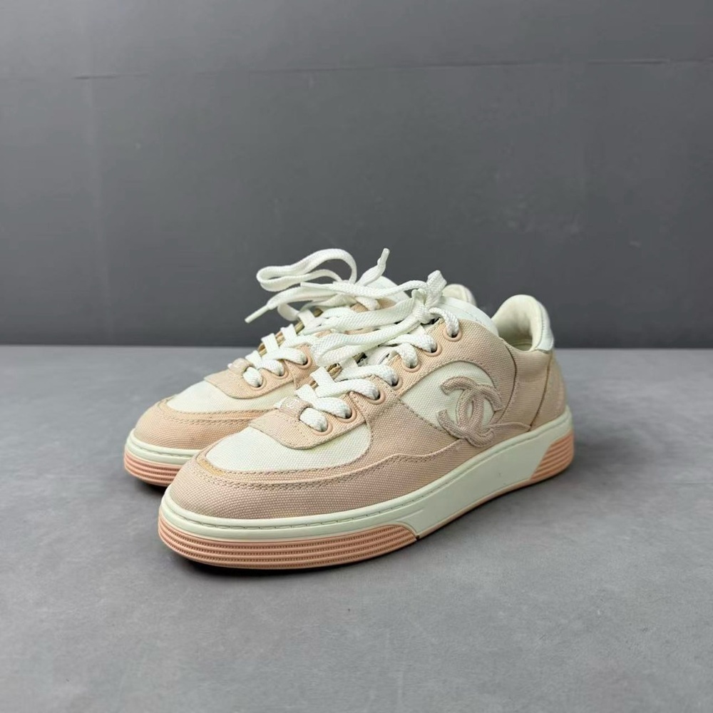 Authentic CHANEL Women's Cream and Tan Sneakers